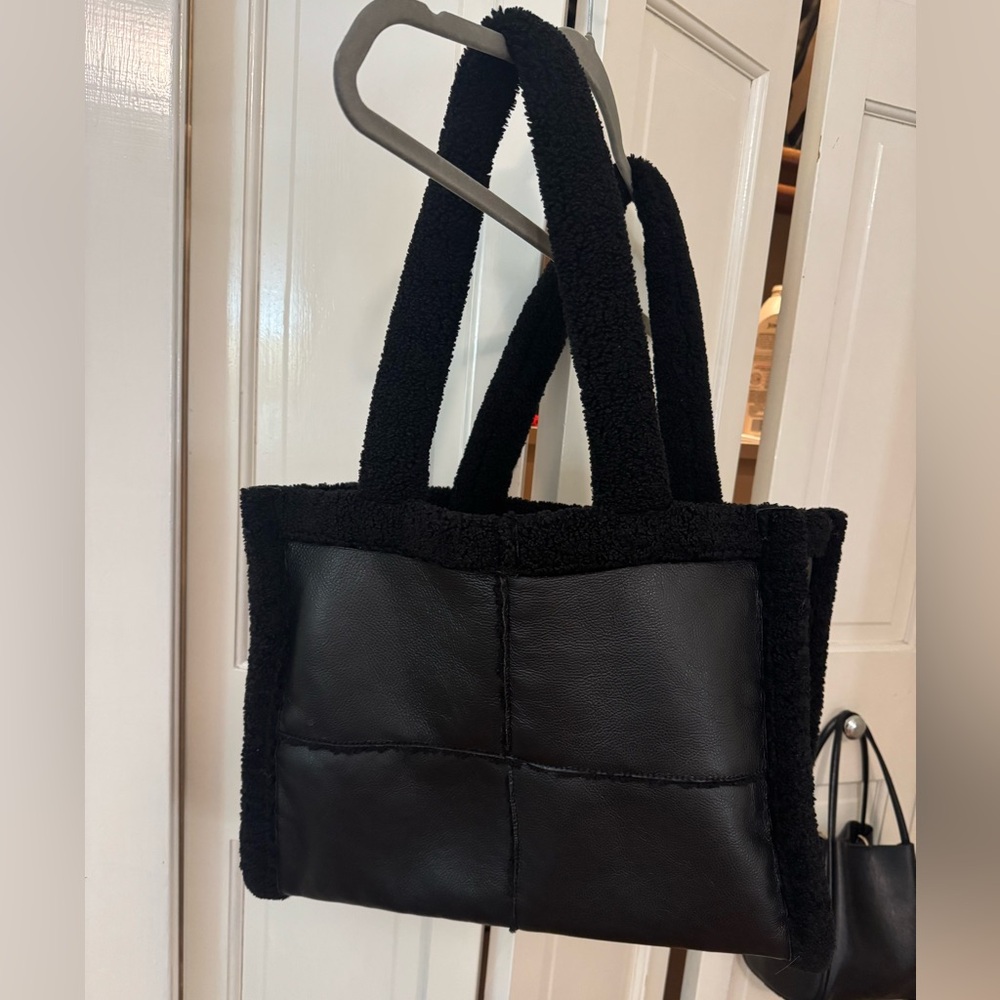 Like Dreams- Black Faux Leather Sherpa  Tote Bag